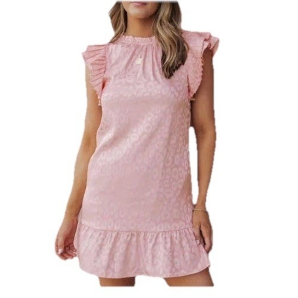 JOFIDL Shimmery Peach Mini Dress Sz S Leopard Print Pleated Sleeve Ruffles City